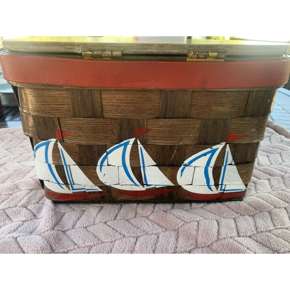 Vintage Caro Nan Wood Nautical Sailboat Red Basket Purse Red Quilted Lining USA